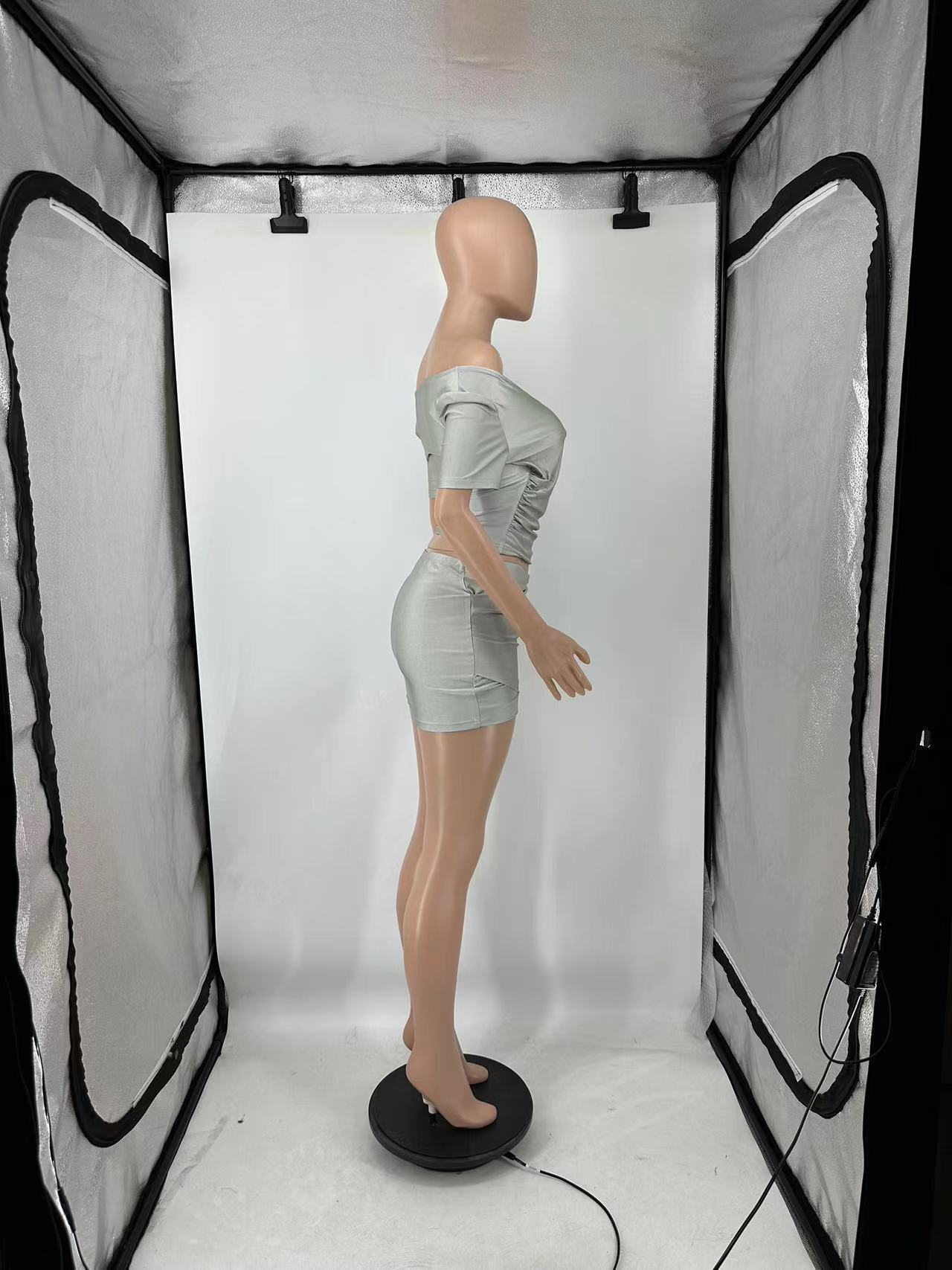 Women's Summer V-Neck Off Shoulder Short Sleeve Crop Top Skirt Slim Fit Elastic Casual Two Piece Set 9