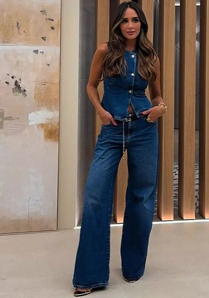 Women Spring Summer Sleeveless Vest Wide Leg Denim two-piece set