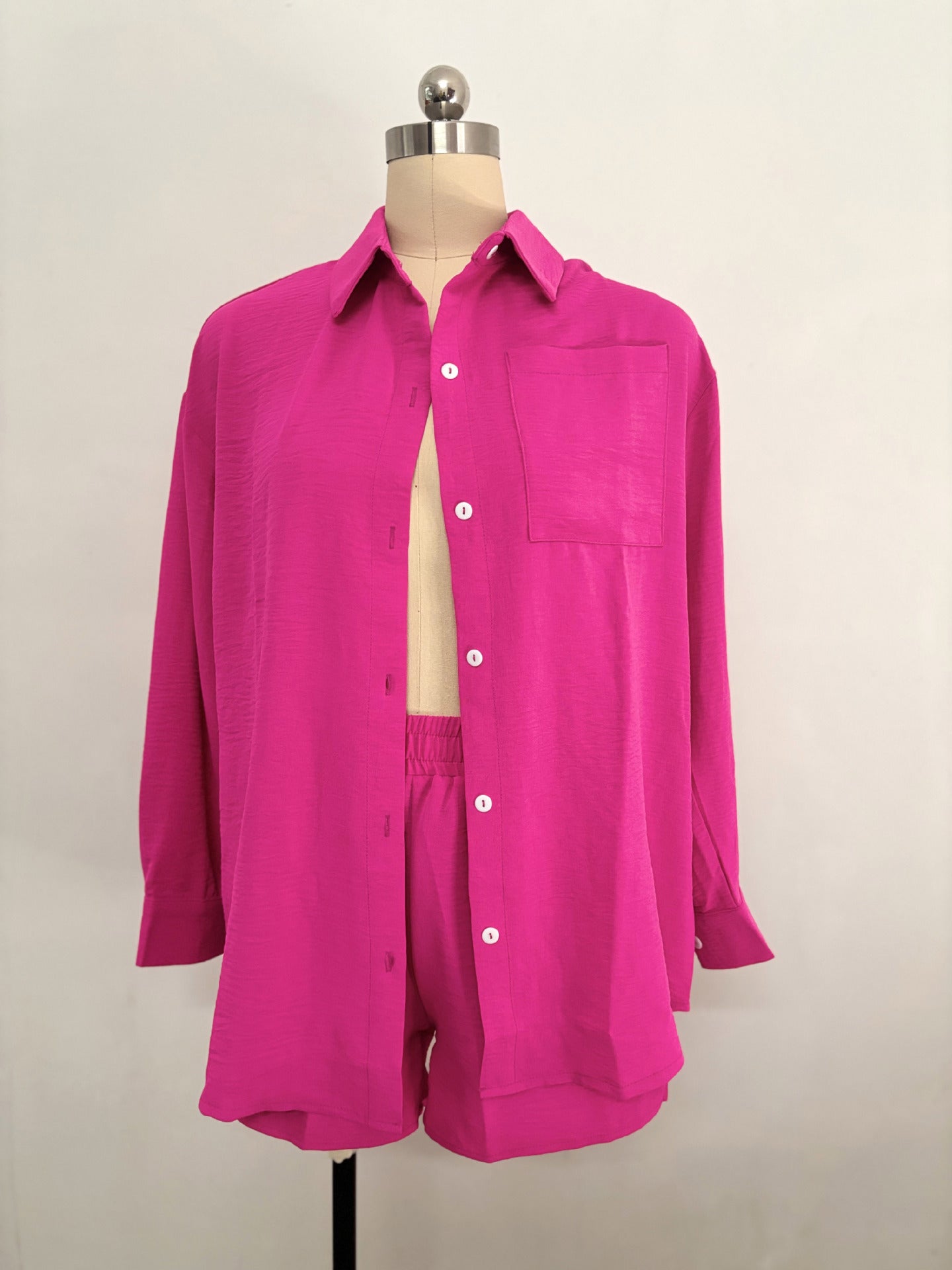 Spring and Spring Women's Solid Color Long-Sleeved Shirt Elastic Waist Loose Shorts Casual Two-Piece Set 17