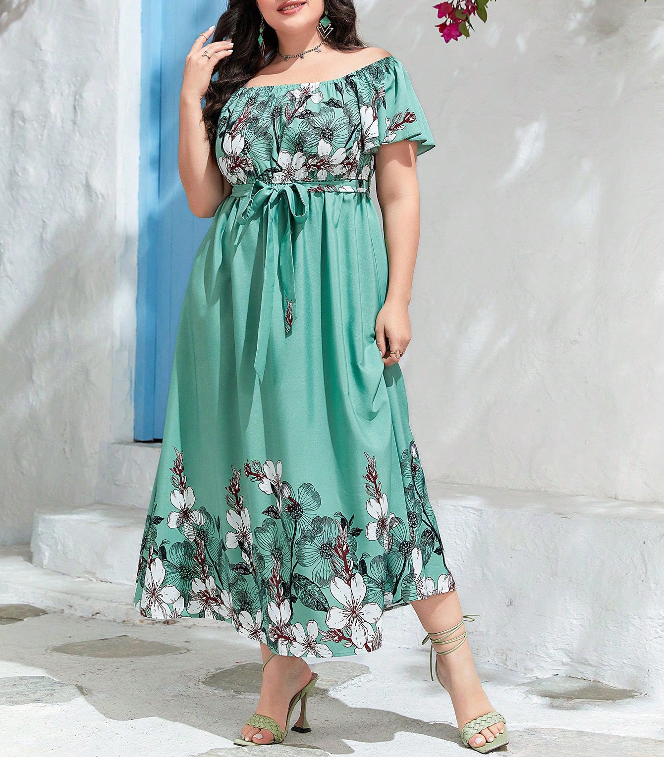 Off Shoulder Slim Waist Print A-Line Plus Size Elegant Chic Holidays Long Dress 6