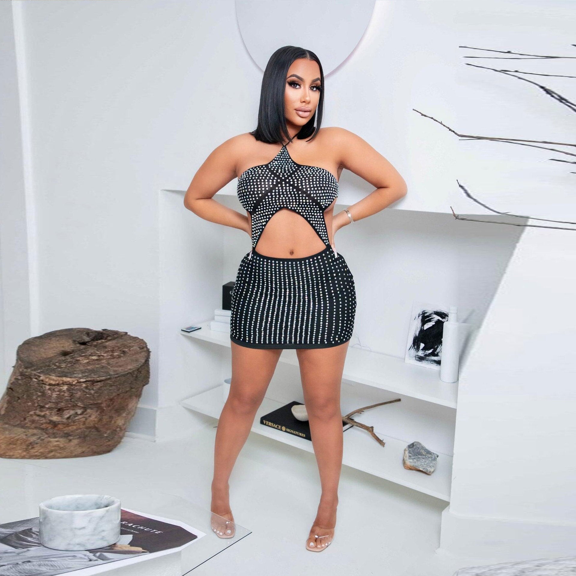 Sexy Slim Halter Lace-Up Backless Cutout Beaded Club Dress 4