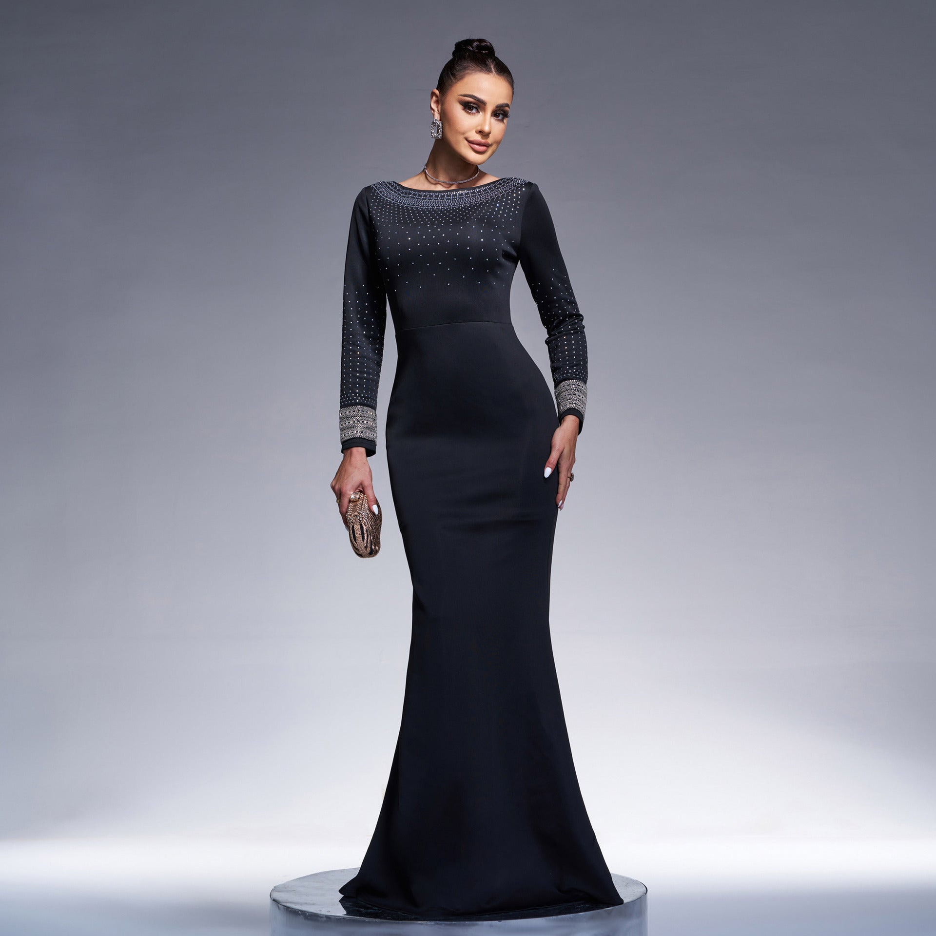 Women Round Neck Long Sleeve Beaded Formal Party Bodycon Evening Dress 6