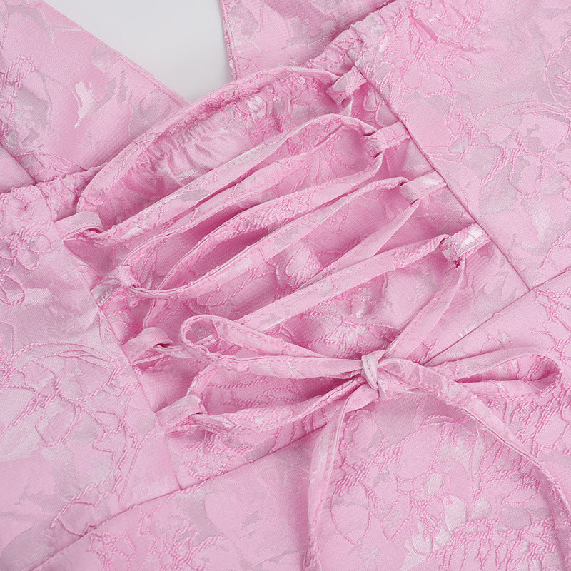 Women's Sexy Sleeveless Halter Neck Jacquard V-Neck Bow Dress 17