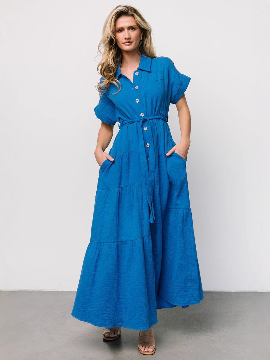 Women Solid Patchwork Bat Short Sleeve Shirt Dress 6