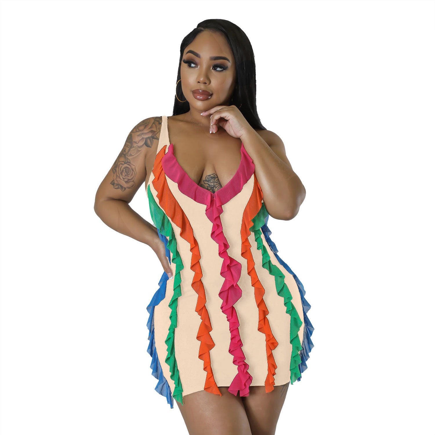 Women Contrasting Ruffles Line Irregular Mini Dress 9