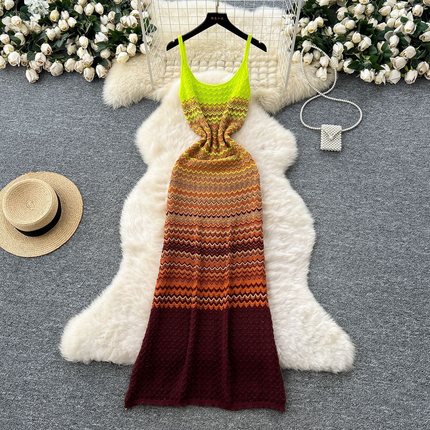 Women's Summer Strap Knitting Gradient Color Slim Bodycon Long Dress 10
