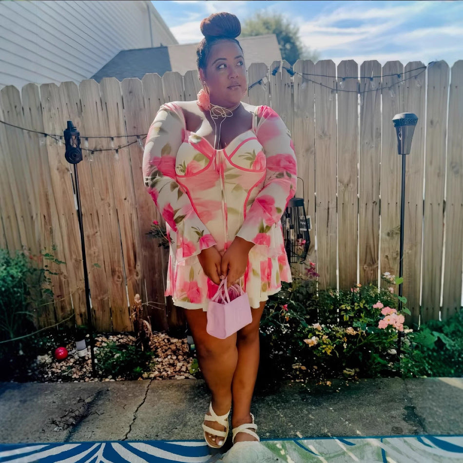 Women Bell Bottom Long-sleeved Lace-up Ruffled Flower Print Dress