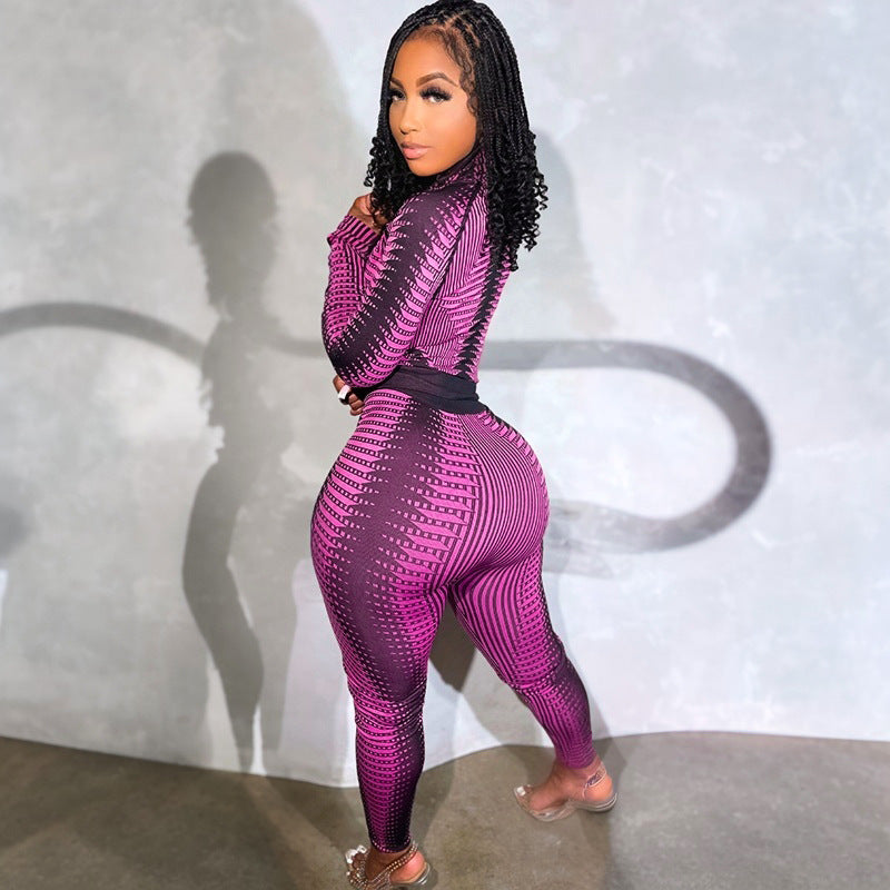 Women's autumn and winter contrast stripe print Stand Collar zipper top trousers yoga suit