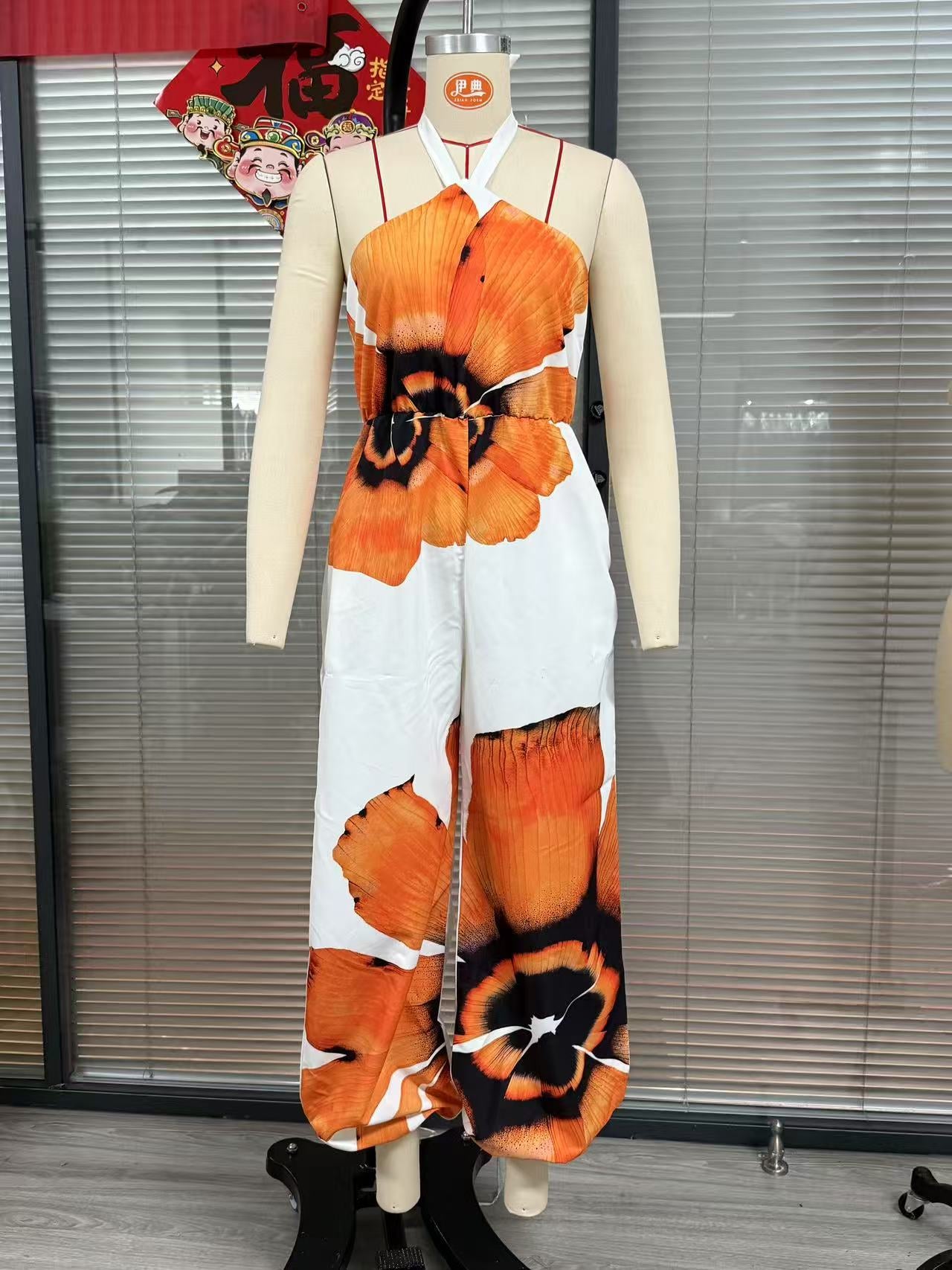 Print Halter Neck Slim Wasit Wide Leg Jumpsuit 8