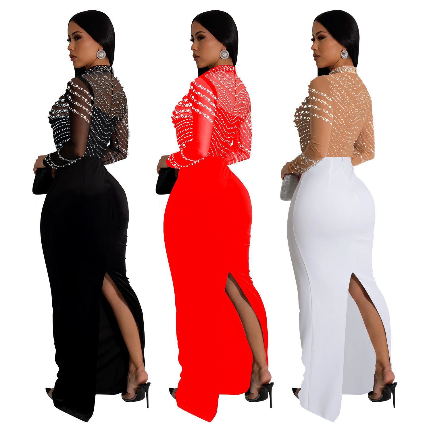 Fashionable women's solid color Beaded long dress 8