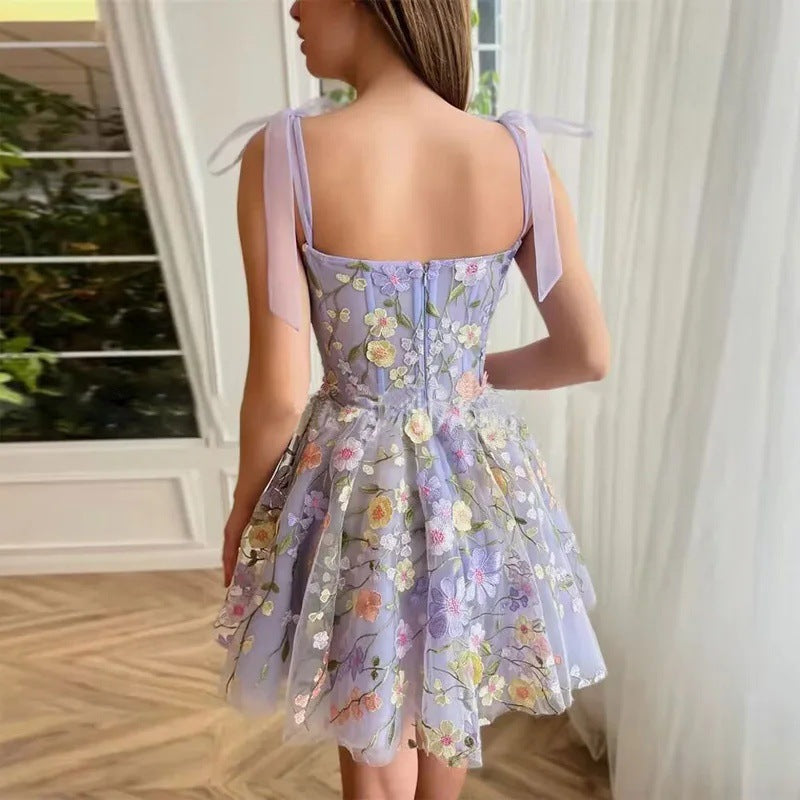 Embroidered Flower Decoration Purple Mesh Slim Waist Strap Short Women Dress 7