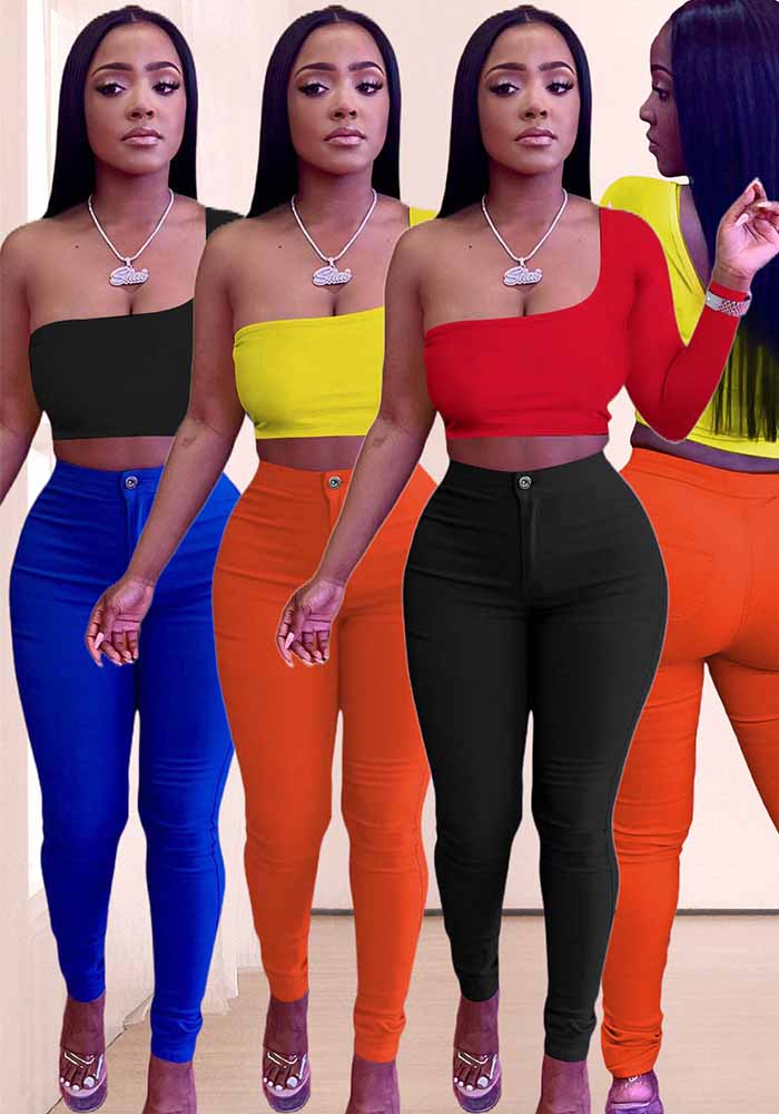 Trendy Color-Blocking Asymmetric Top Pants Two-Piece Set