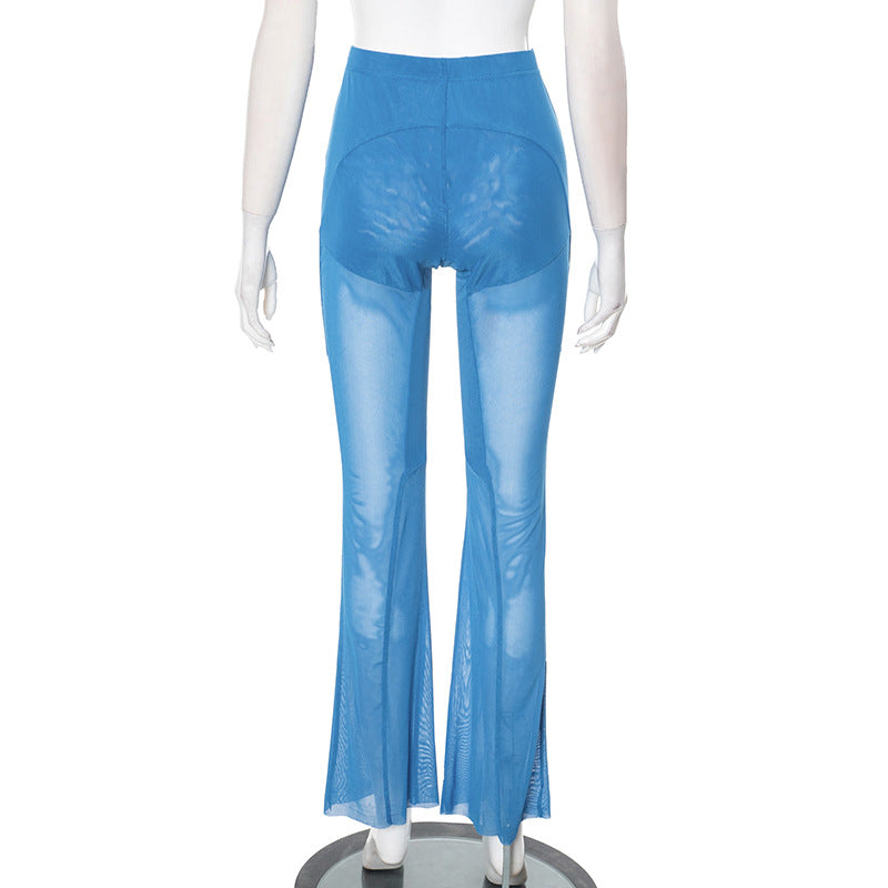 Summer Sexy Slim See-Through Mesh Mid-waist Flared Casual Pants 7