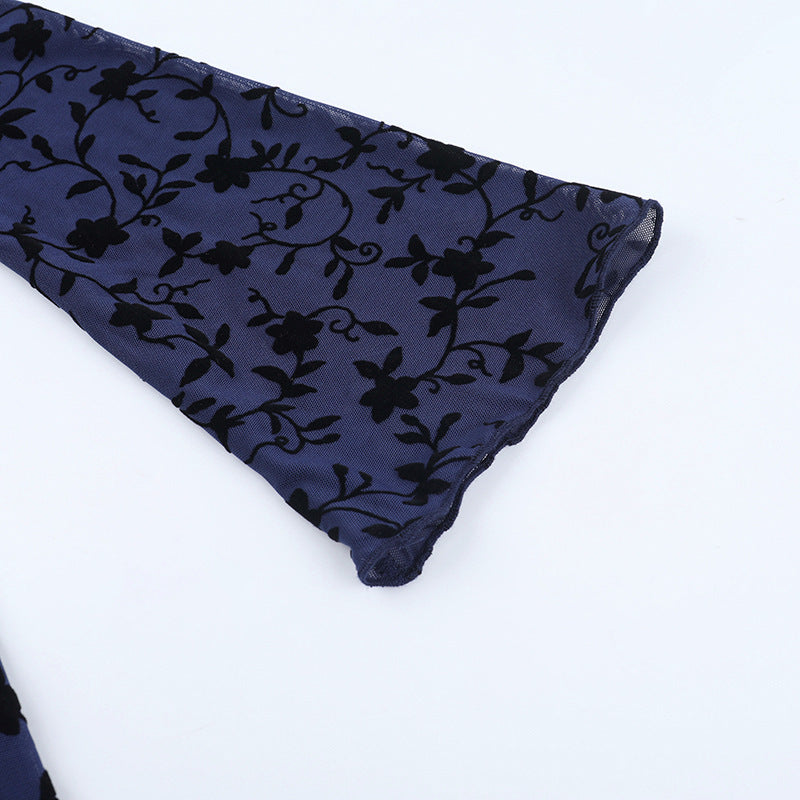 Mesh Flocked Print Long-Sleeve Chic Short Dress 11