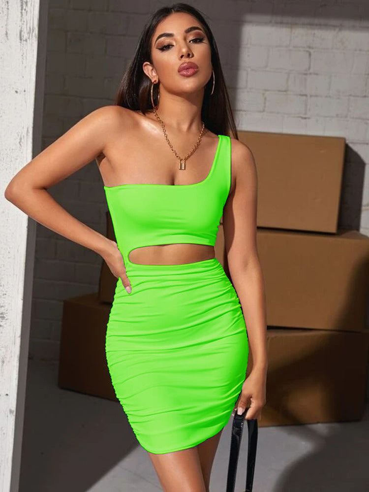 Women Sleeveless Slash Shoulder Hollow Pleated Sexy Bodycon Dress 14