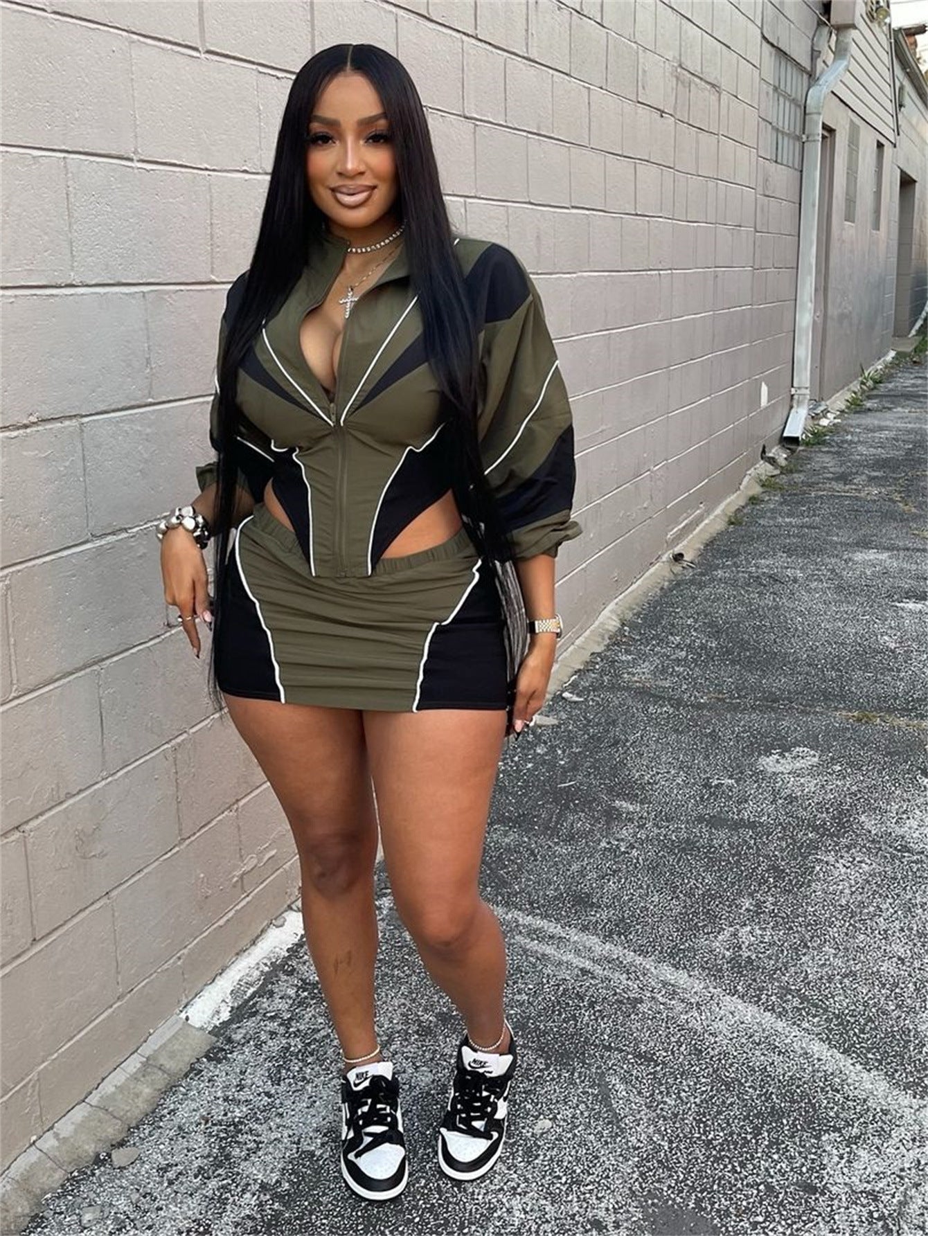 Autumn Sexy Sports Style Loose Casual Contrast Color Long Sleeve Jacket Short Skirt Women Two Piece Set 13