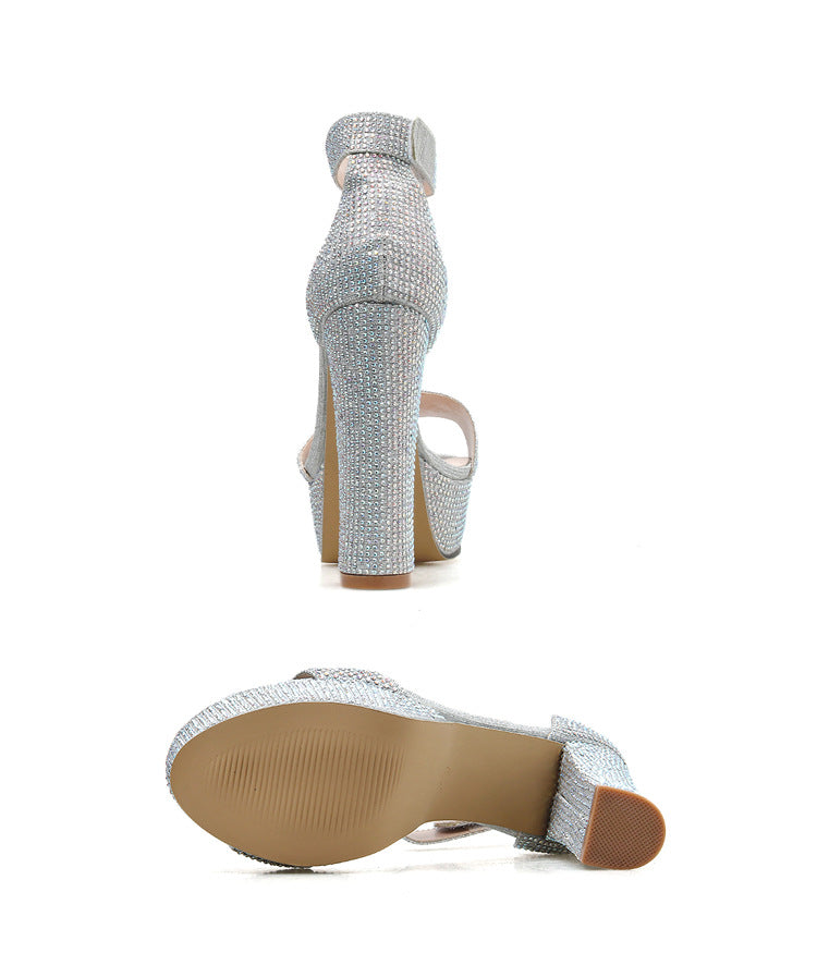 Women Chunky High Heel Rhinestone Strap Sandals 10