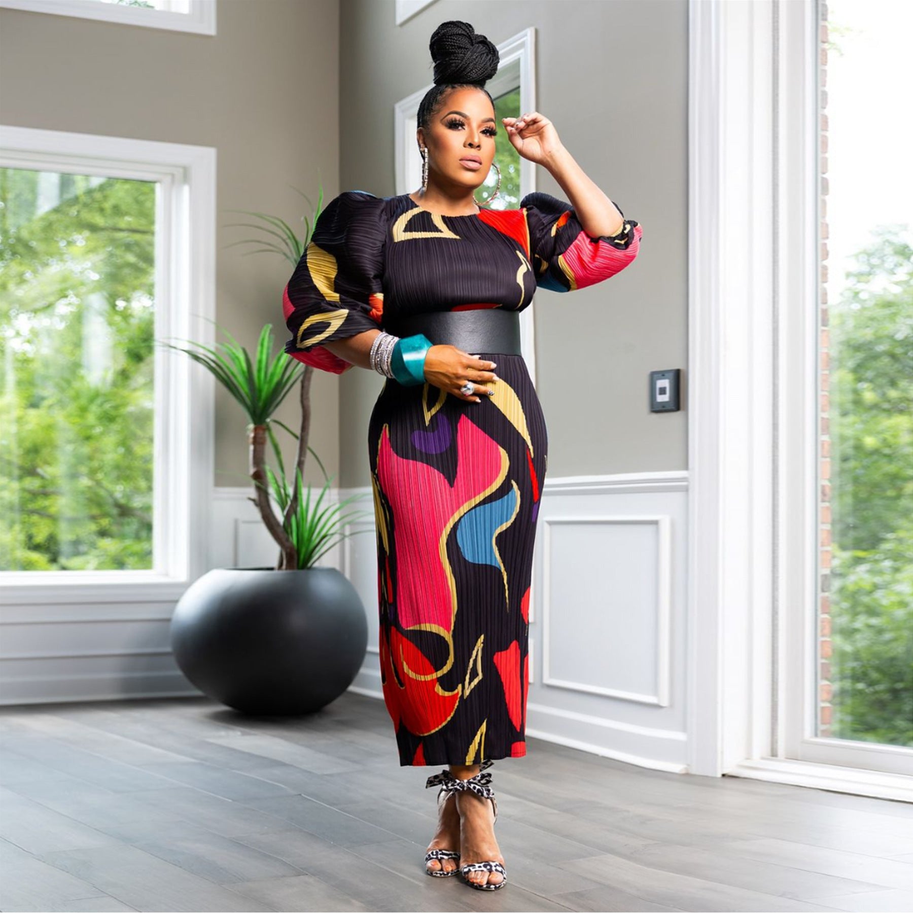 Women Lantern Sleeve Pleated Dress 6