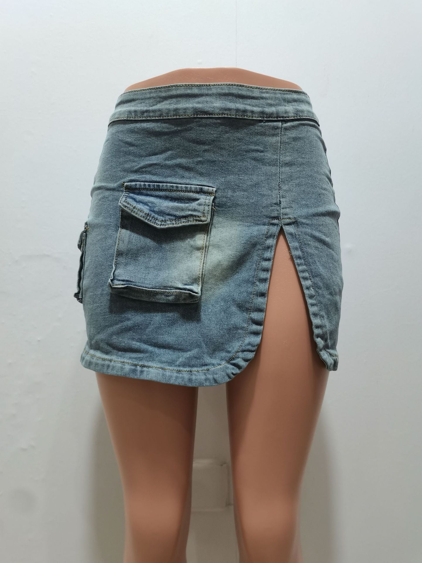 Women Washed Button Zipper Straps Irregular Top and Slit Cargo Denim Skirt Two-piece Set 8