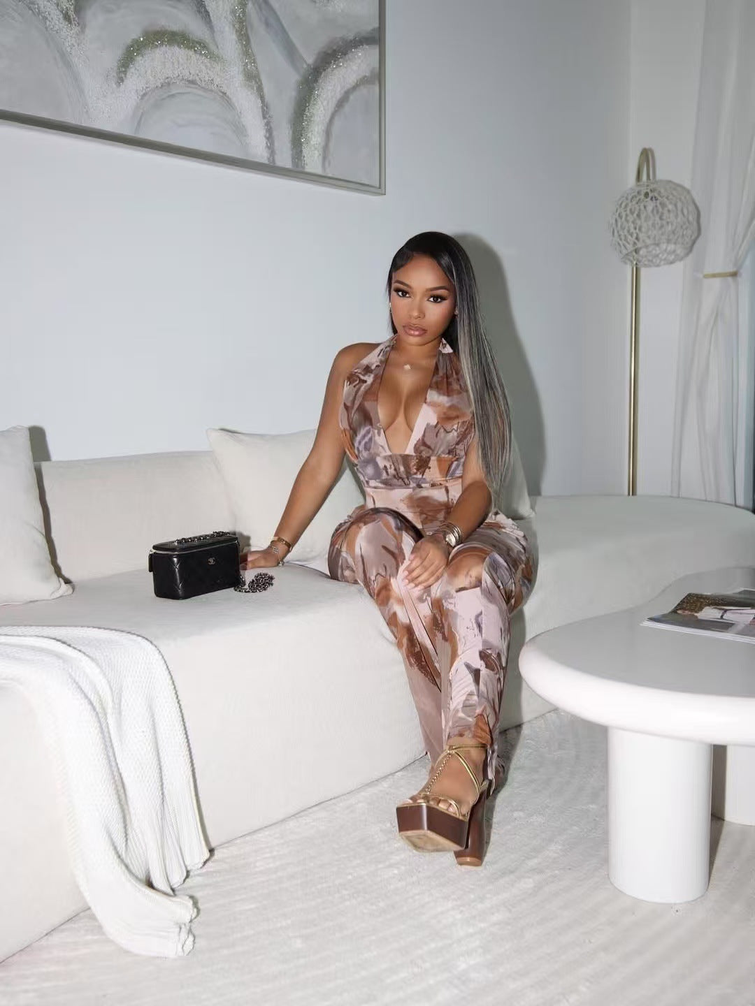 Summer Floral Print Halter Neck Low Back Slim Waist Sleeveless Trendy Jumpsuit 3