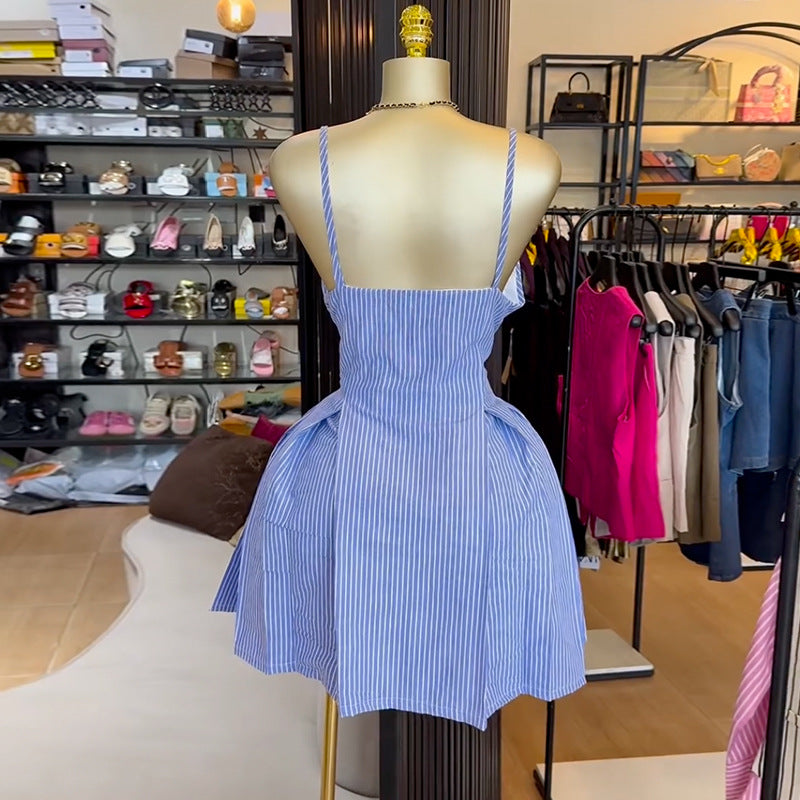 Women's Summer Chic Blue Striped Straps A-Line Dress 3