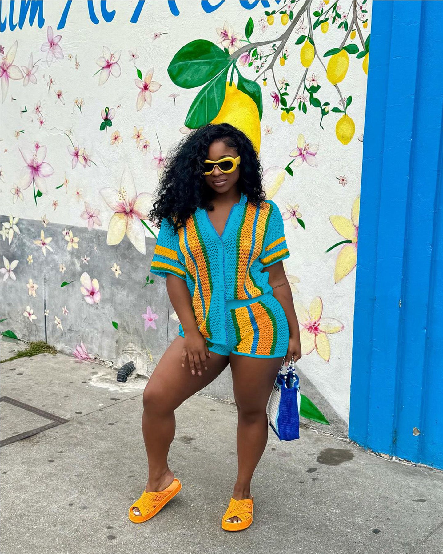 Women's Sexy Hollow See-Through Turndown Collar Knitting Two Piece Shorts Set 9