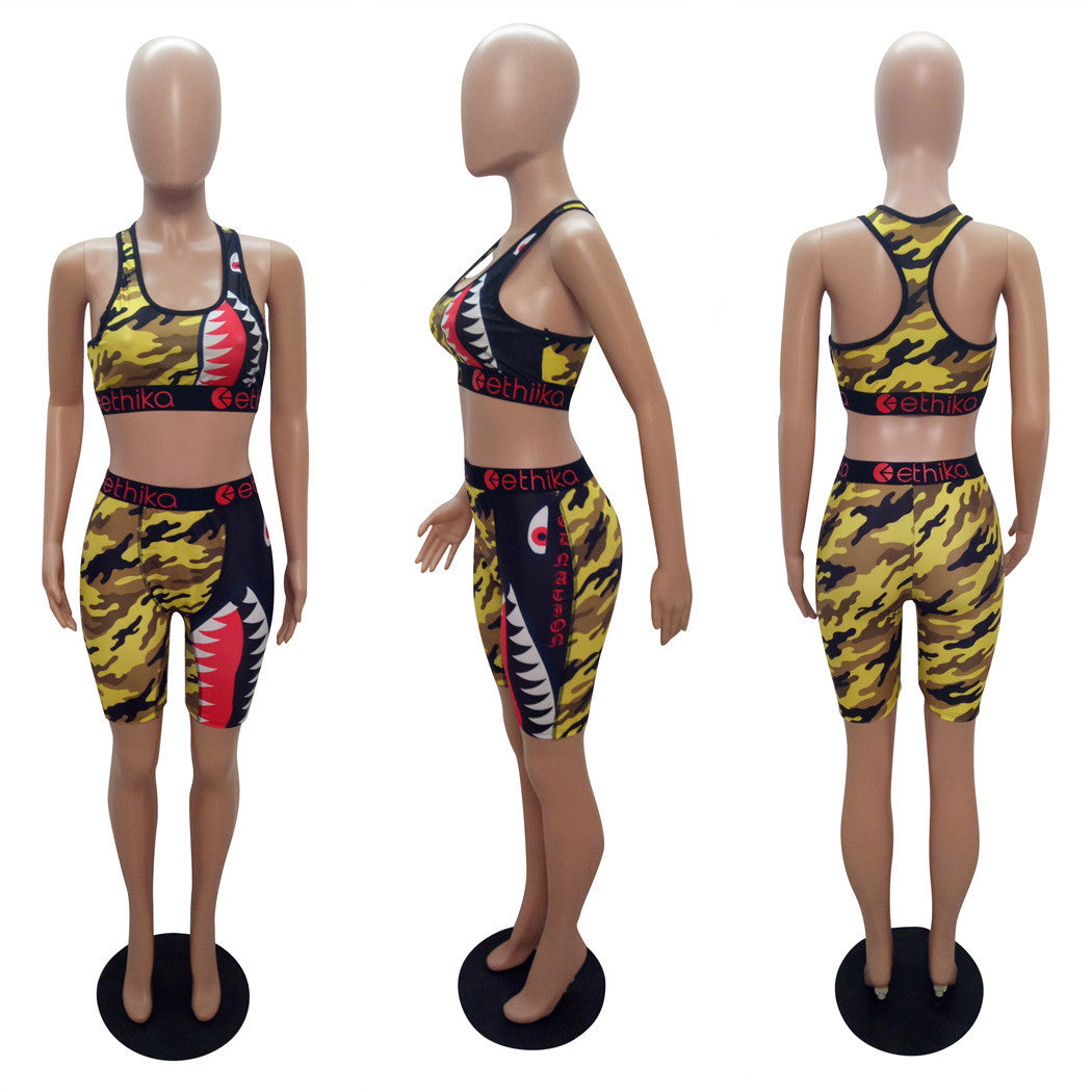 Cartoon Print Casual Camouflage Tank Biker Shorts Two-Piece Set 14