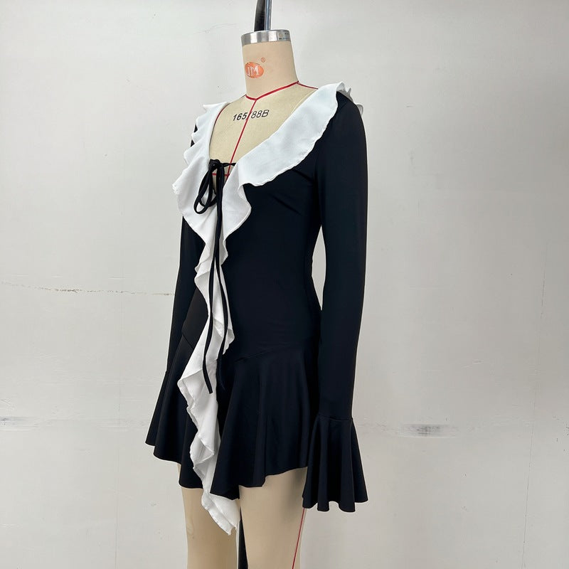 WomenŸ??s Fashion Color Block Ruffled V-neck Bell Sleeves Casual Dress 7