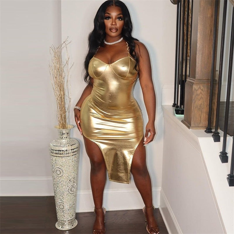 Women autumn shiny strapless sexy bodycon irregular strap Dress 9
