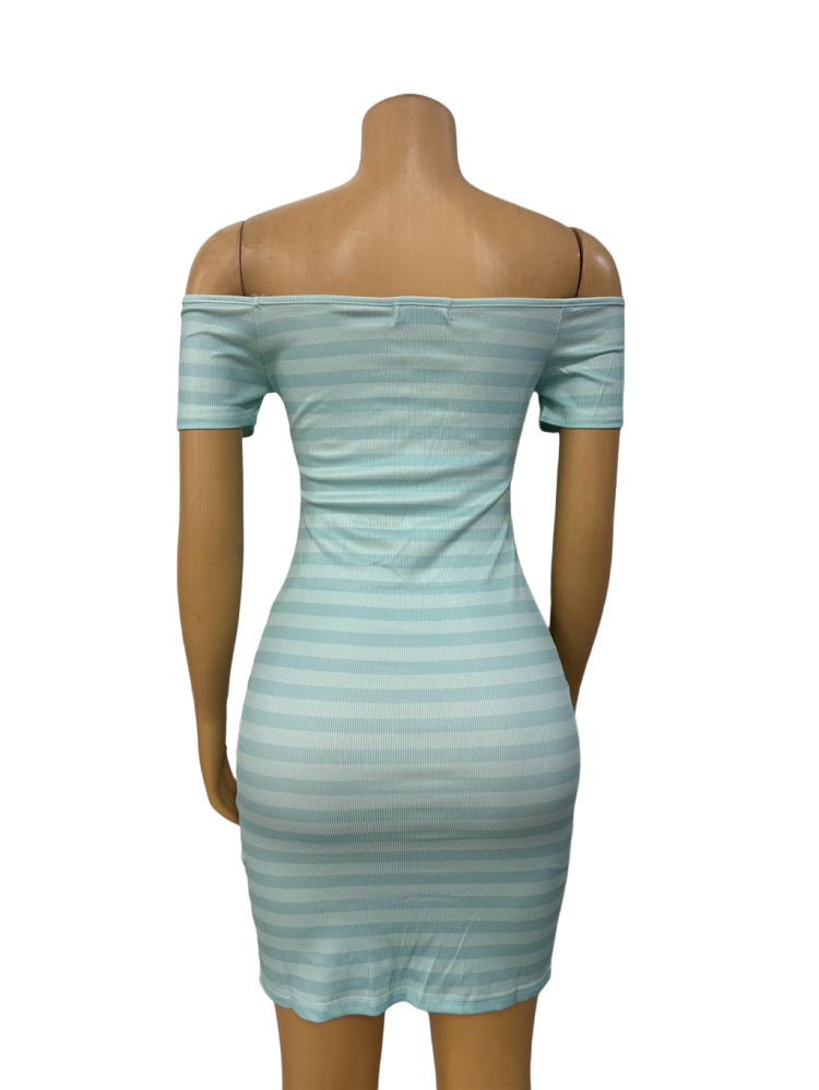 Women striped short-sleeved printed Off Shoulder sexy Bodycon dress 6