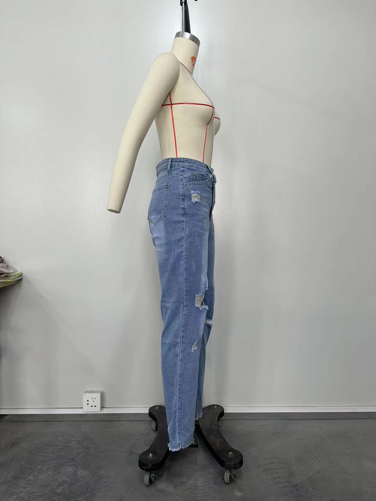 Women Ripped Diagonal Zip Denim Pants 11