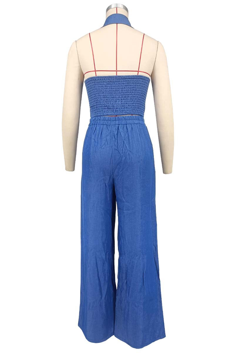 Women blue denim halter neck turndown collar backless top and wide leg pants two piece set 6