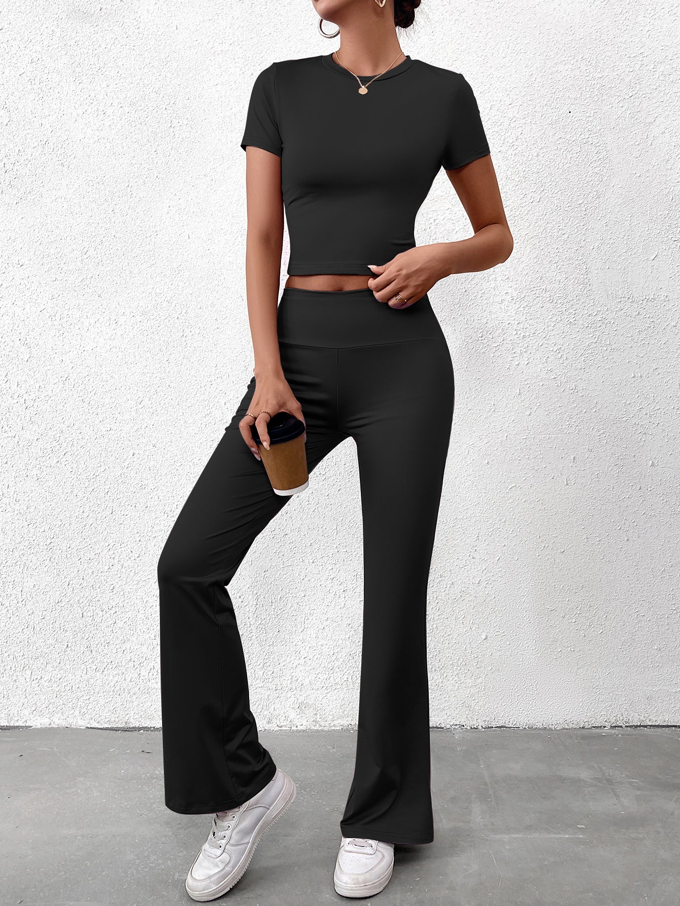 Women Summer Solid Casual Crop Top and Pant Two-piece Set 3