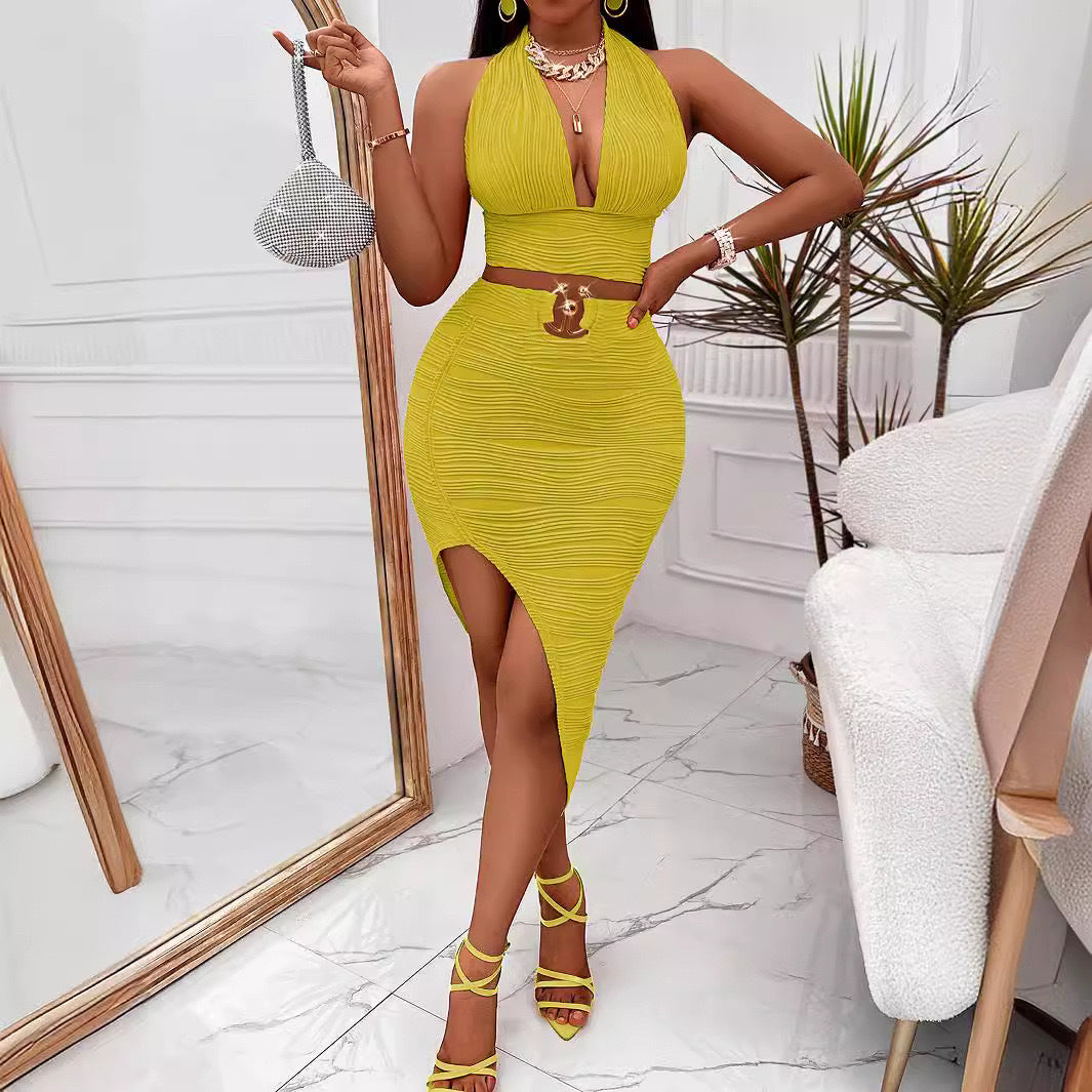 Women Solid Halter Neck V Neck Vest and Irregular Bodycon Skirt Two-piece Set 7