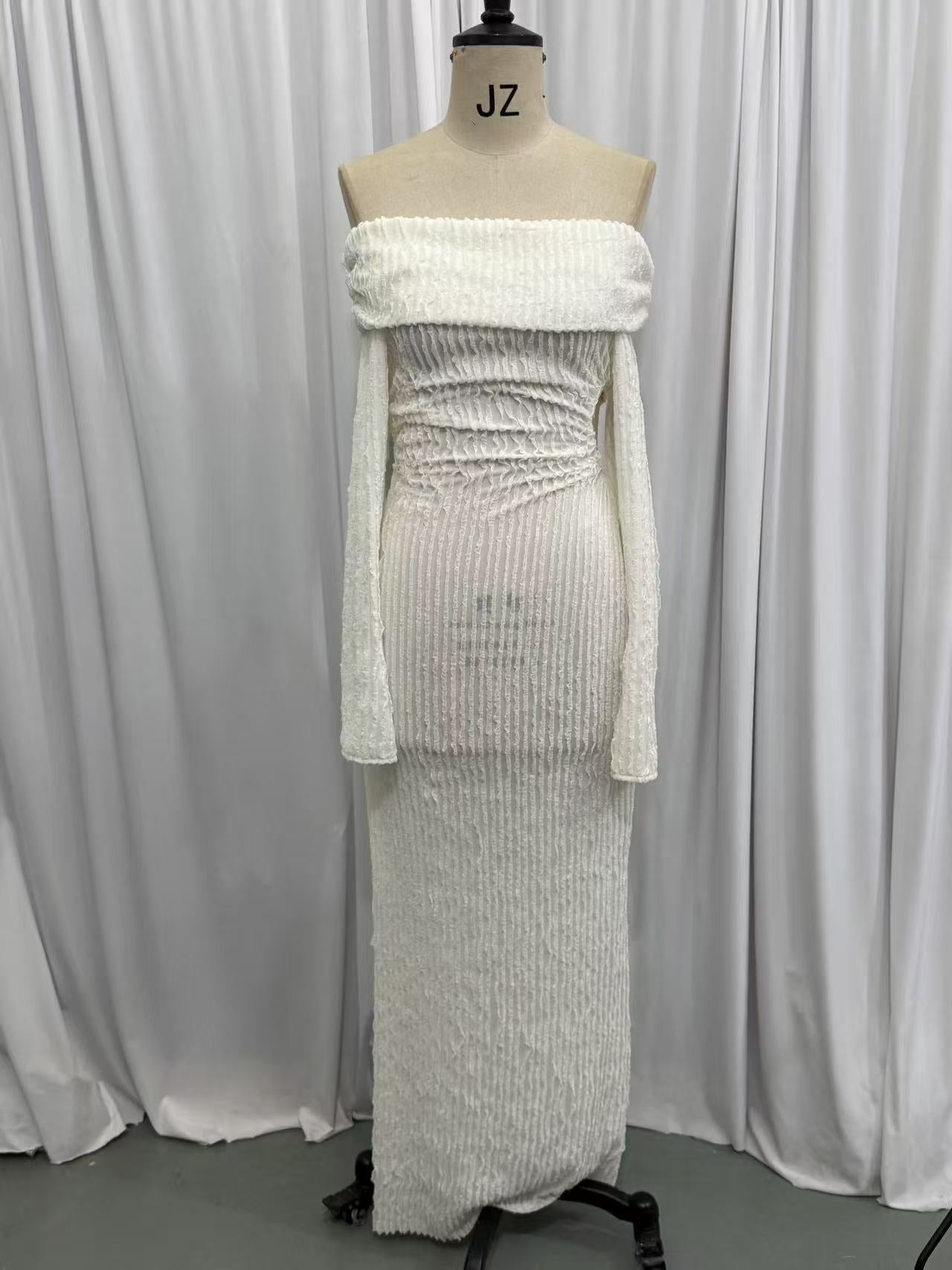 Long Sleeve Waist Cut-Out Off Shoulder High Slit Textured Dress 5