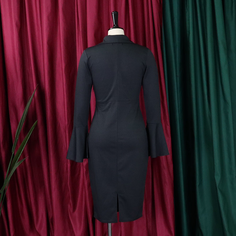 Women's Fall Winter V-Neck Chic Elegant Bell Bottom Sleeve Slit Bodycon Dress 11