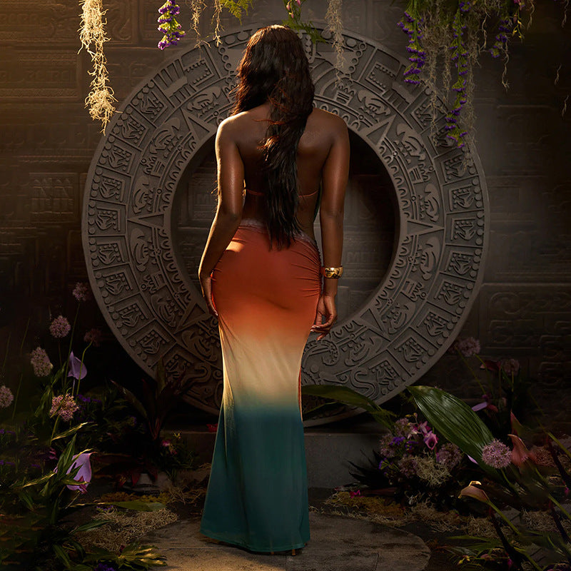 Summer women's sexy Halter Neck color matching mesh print skirt two-piece set