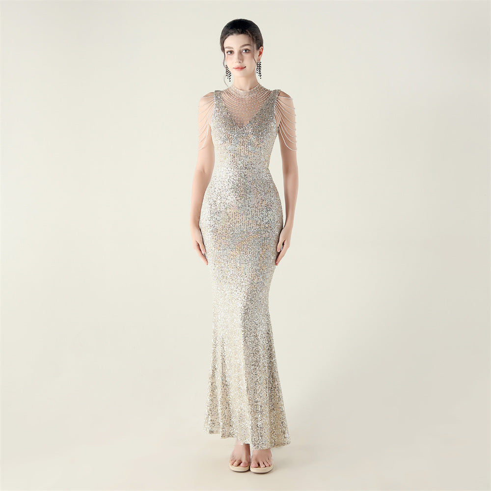 High Neck Fishtail Sequin Crystal Evening Dress Wedding Formal Party Gown 7