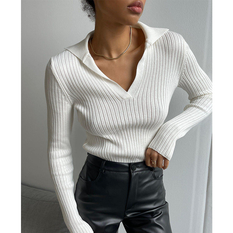 Autumn And Winter Turndown Collar V-Neck Knitting Sweater Chic Career Slim Ribbed Basic Pullover Top For Women 10