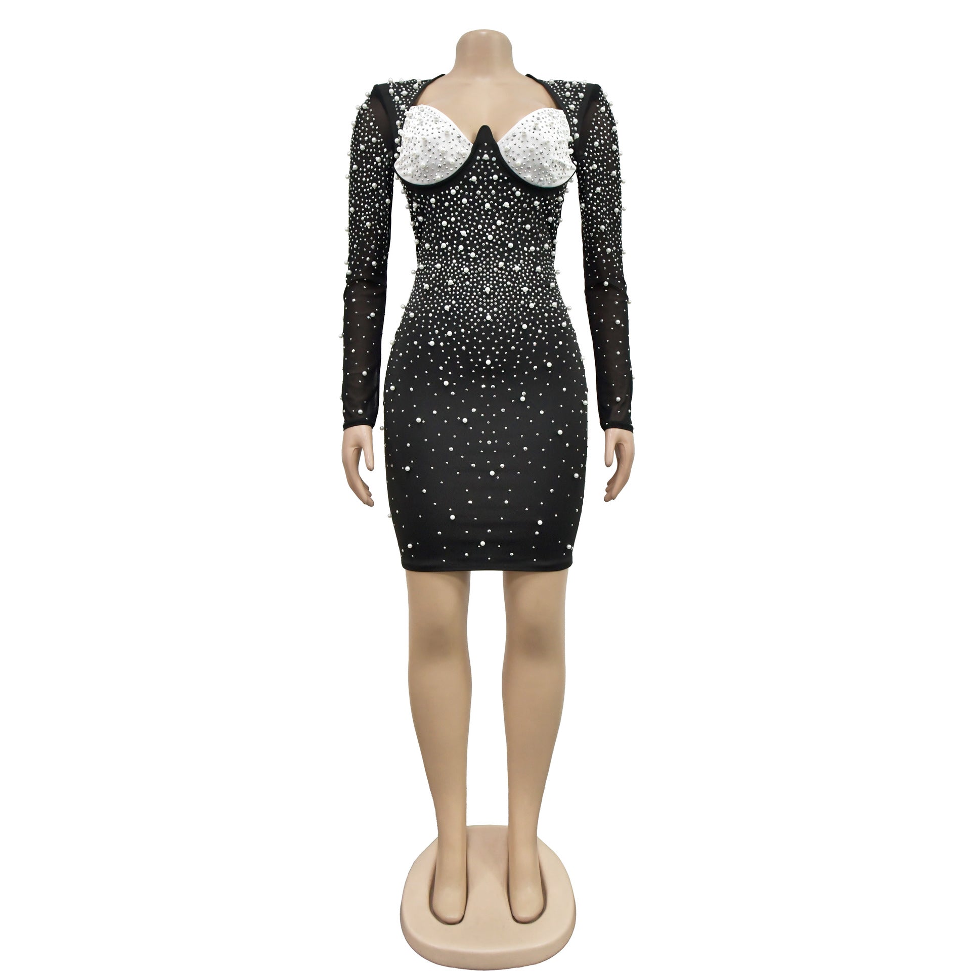 Fashion Women's Solid Color Beaded Mesh Long Sleeve Bodycon Dress 11