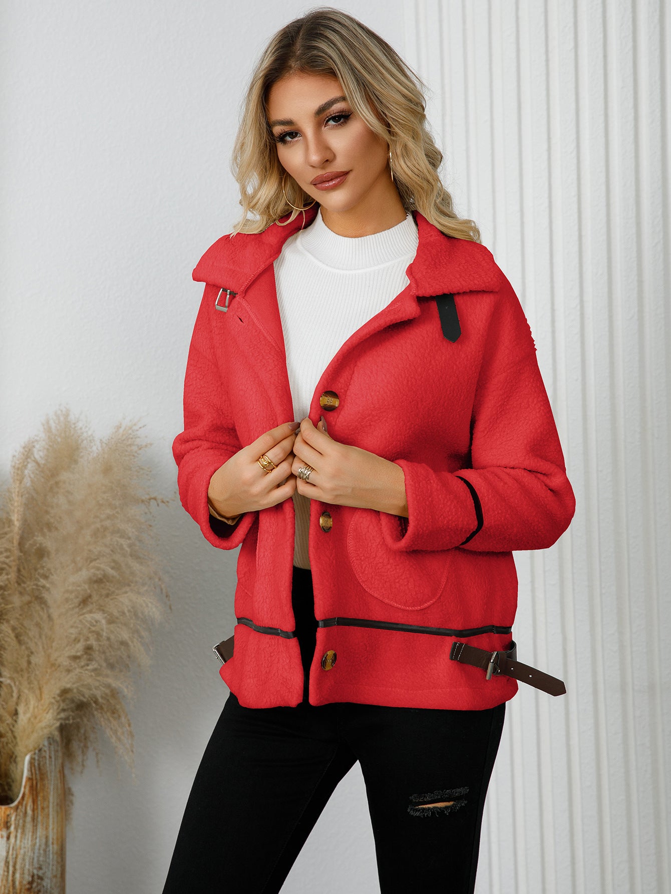 Women's Turndown Collar button lamb fleece jacket short coat 6