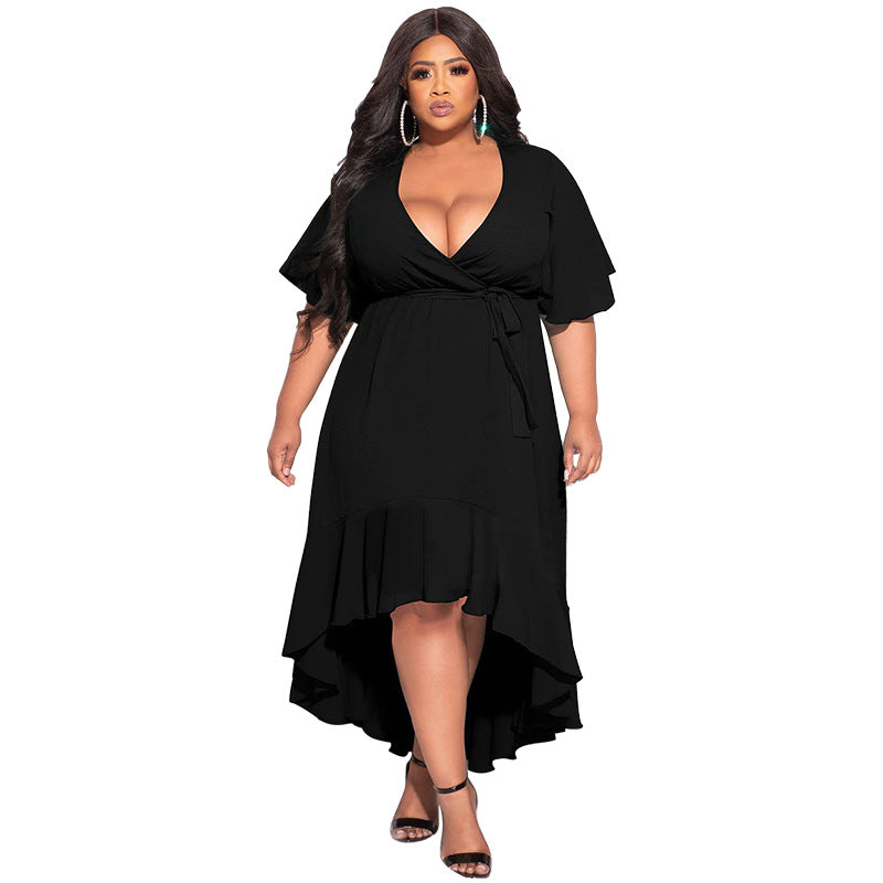 Women's Sexy Solid Lace-Up Ruffle Elegant Dress 10