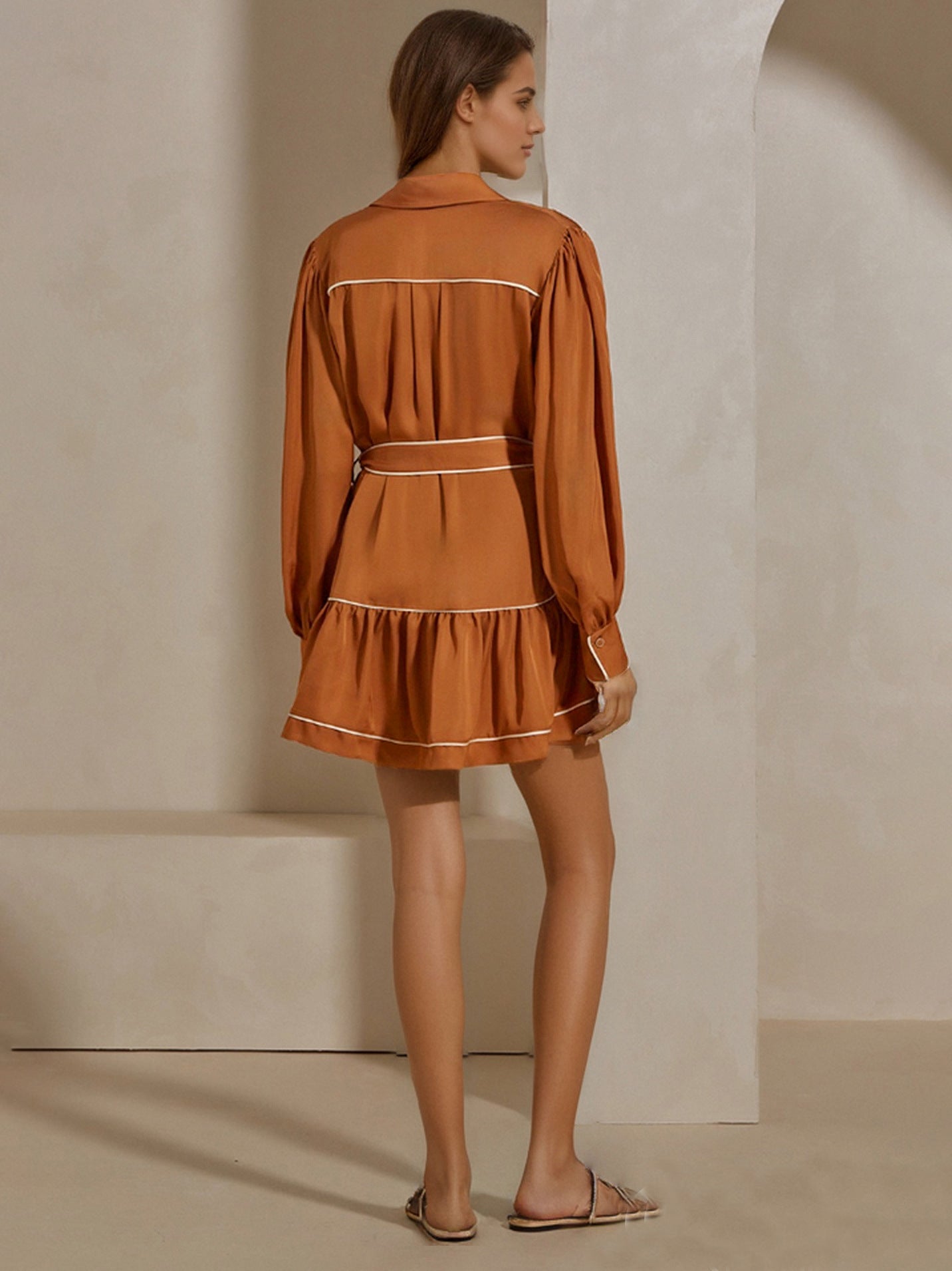 Trendy Brown Contrast Belted Satin Shirt Dress 7