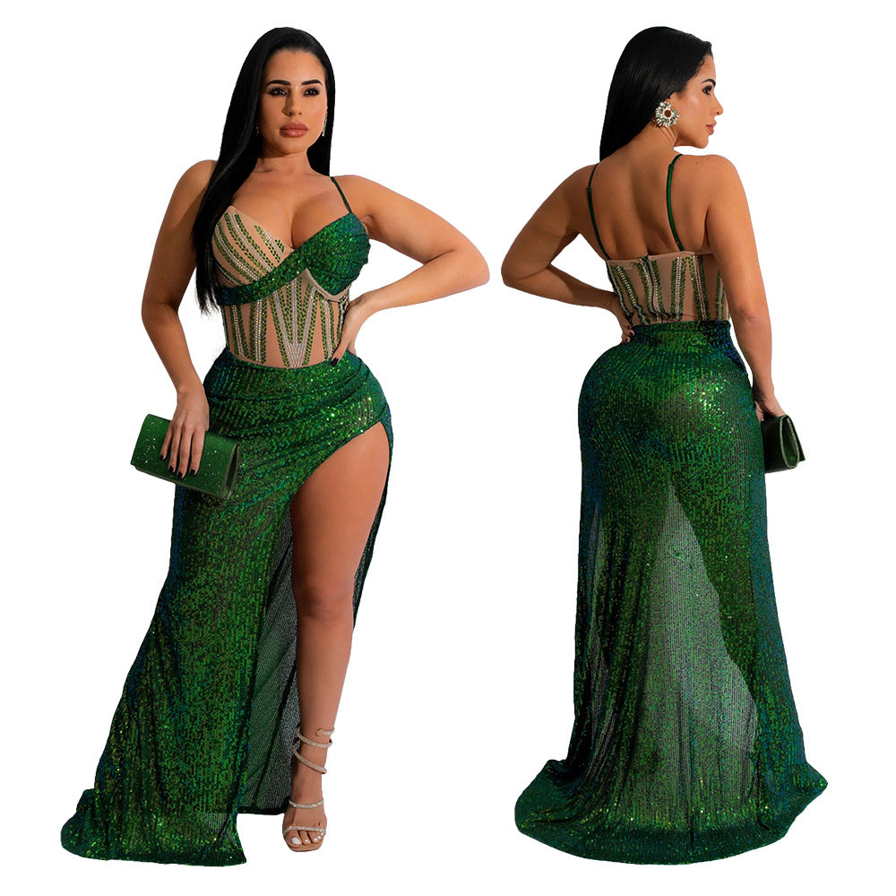 Women Fashion Sexy V Neck Straps Sequins Beaded Slit Evening Dress 6