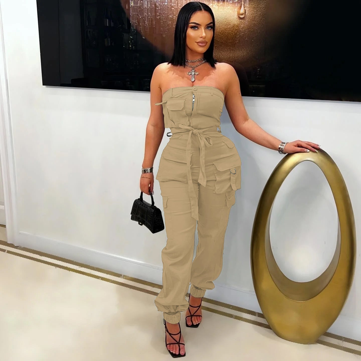 Casual Career Solid Color Multi-Pocket Strapless Cargo Jumpsuit 7