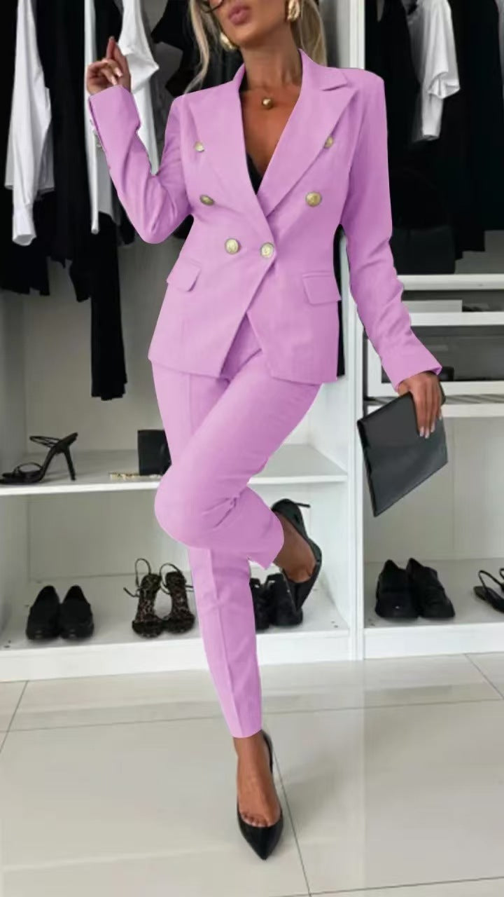 Women Casual Solid pocket Blazer and Pant two-piece set 9