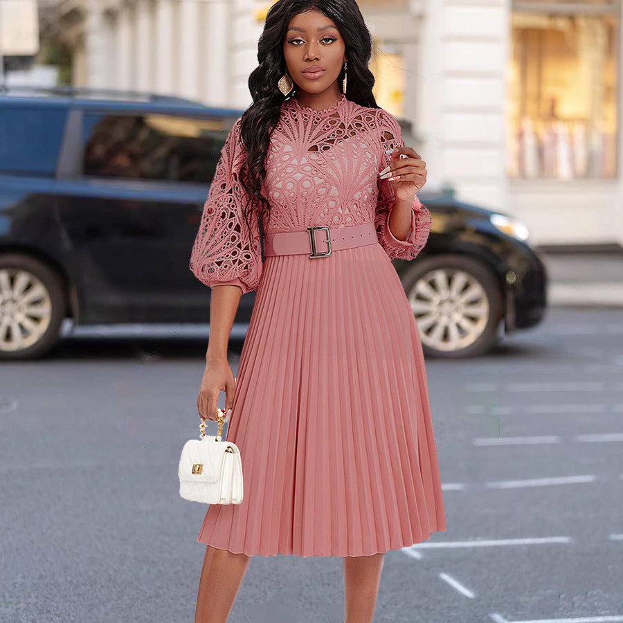 Women's Fall/Winter lace Patchwork Pleated Cutout Sexy Plus Size Dress 3