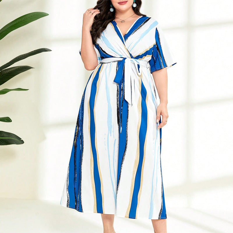 Plus Size Women's Spring Summer Fashion Color Block Striped Printed Lace Sexy V-Neck Short Sleeve Dress 5