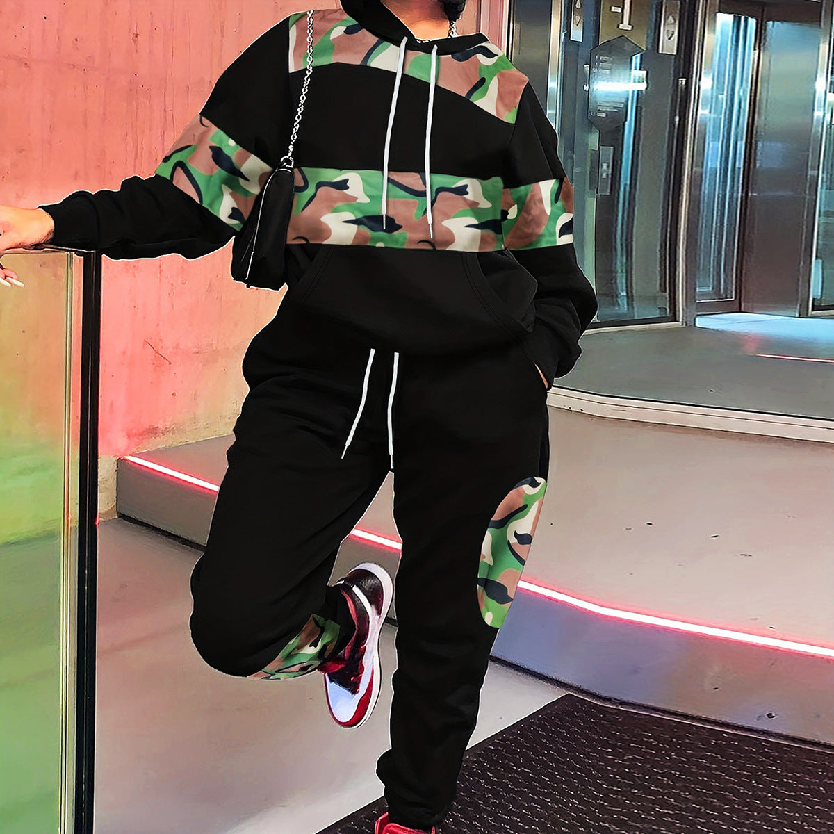 Spring Autumn Winter Fashion Women's Camouflage Patchwork Casual Hoodies Trousers Two-Piece Set 3