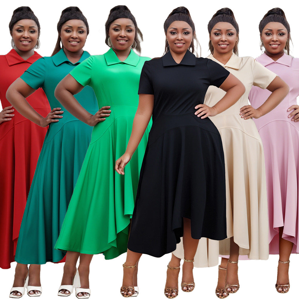 Plus Size Women Turndown Collar Irregular Elegant Dress 17